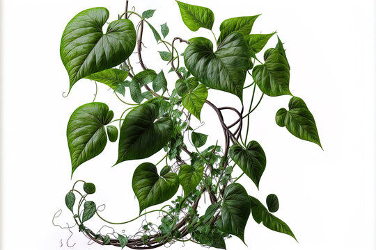 Isolated On A White Background, Large Tangled Jungle Vines With Leaves Of A Wild Morning Glory Liana Plant Are Shown With A Clipping Path. Generative AI