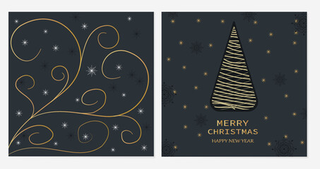 New Year Christmas greeting background, card poster, with festive elements and text in black and gold color. Premium