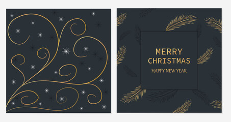 Obraz na płótnie Canvas New Year Christmas greeting background, card poster, with festive elements and text in black and gold color. Premium