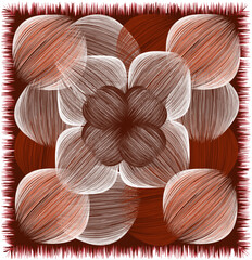Decorative square carpet, rug, mat, tapestry, doormat, napkin, serviette with grunge striped intersecting oval elements in brown, red, white colors with rough fringe isolated on white