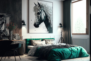 illustrative interior scene and modern bedroom interior. Generative AI