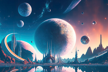 Illustration of the country of dream city in space with futuristic planets. Generative AI