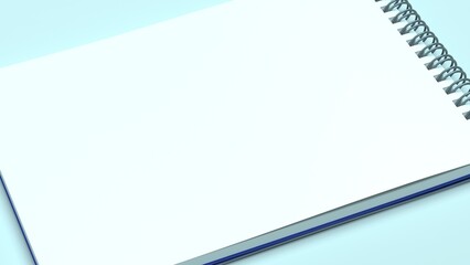 White paper notepad with blue cover and silver spiral ring under blue lighting background. Concept 3D CG of business reporting, communication and consultation.