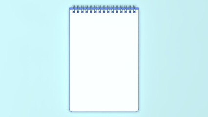 White paper notepad with blue cover and silver spiral ring under blue lighting background. Concept 3D CG of business reporting, communication and consultation.