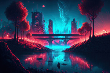 In the middle of the city, there is a park. The city is situated beside a river. One region lights blue, while the other glows red. The sky is filled with stars. The park is lit up by several neon sig