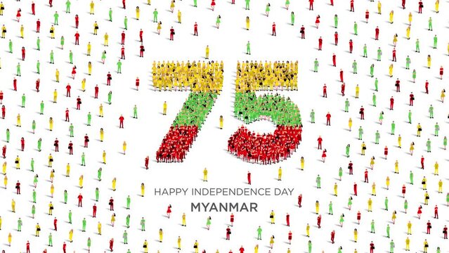 Happy Independence Day Myanmar Design. A large group of people form to create the number 75 as Burma celebrates its 75th Independence Day on the 4th of January.