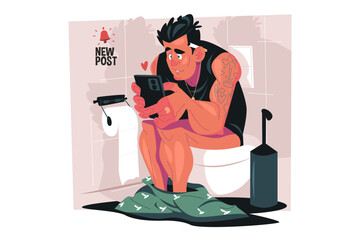 Man sitting in home toilet, using mobile phone