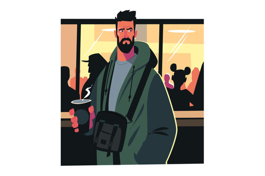 Bearded Man Holding Papercup Of Coffee In Cafe 