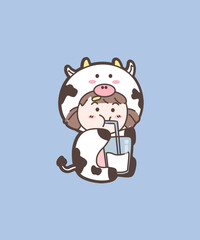 cute cow girl drinking milk cartoon vector icon illustration