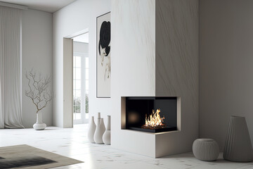 Interior of a contemporary fireplace in a minimalist living area with white walls. interior design model. Generative AI
