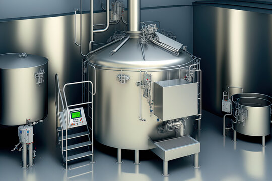 Inside a dairy plant, a fermenting tank is shown. Dairy farm technology equipment sterile generation. Generative AI