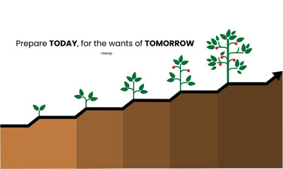 prepare today for the wants of tomorrow. Motivational Quote by famous ancient Greek storyteller Aesop. Vector illustration showing the growth cycle.