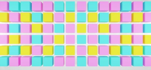 3d rendering color blue pink yellow grid pattern cube wallpaper