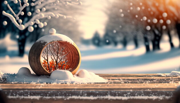 Winter snow landscape with wooden table in front.