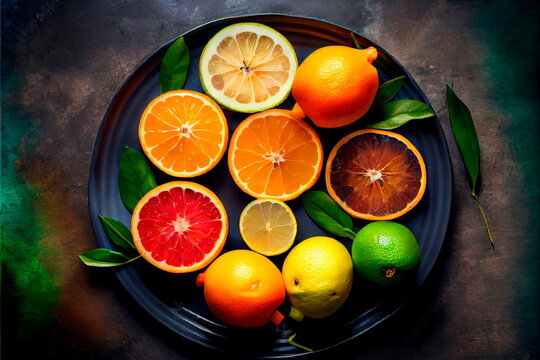 Ctrus fruits with leaves as background, top view . Background from many different exotic fruits © Лилия Захарчук