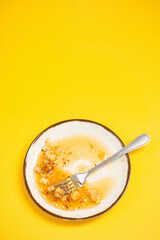 dirty plate with honey and pie crumbs on yellow background