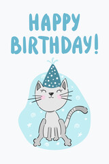 Vertical Happy Birthday Beautiful greeting card with cat and text. Hand drawn lettering. Ideal for cards, logo, invitations, party, banners, kindergarten, preschool and children room decoration