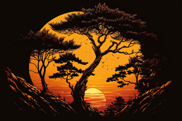 Illustration of a sunset landscape with trees in it, done in hand drawing. Generative AI