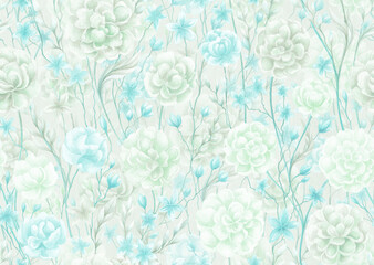 Softness floral seamless pattern. Watercolor painting blue and green flowers and leaves with on textured light green background. Template for design, textile, wallpaper, bedding, ceramics. - 555839709