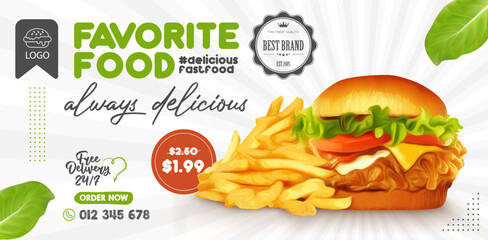 Tasty and fresh fried chicken burger with fries social media banner template - 555839942