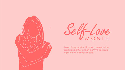 self love month banner template with woman hug her self illustration