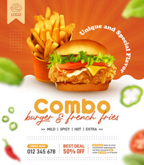 Fried chicken burger and fries social media post design template - 555840519