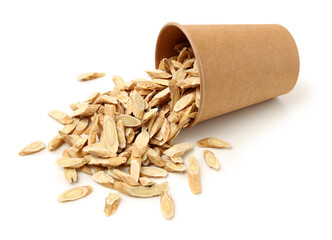 Chinese Herbal medicine - Astragalus slices, Huang Qi (Astragalus propinquus) on white background 