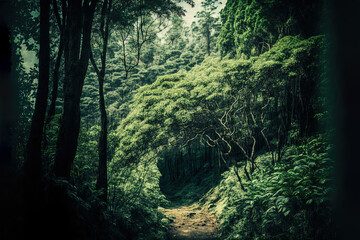 Very dense forest with green trees at Mawlynnong in Meghalaya, India. It is a beautiful village which is notable for cleanliness. Few amount of sunshine are coming through the jungle. Generative AI