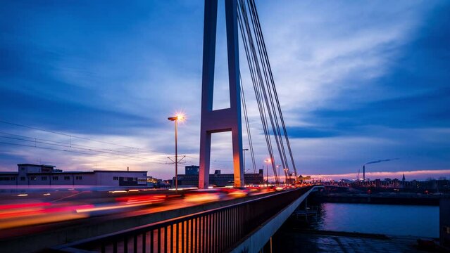 Bustling traffic Timelapse on a bridge during the blue hour in Mannheim