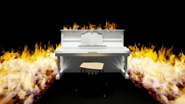 burning piano with black background 3d render hd 60 fps