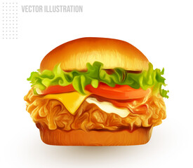 Fried chicken burger in 3d illustration - 555841133