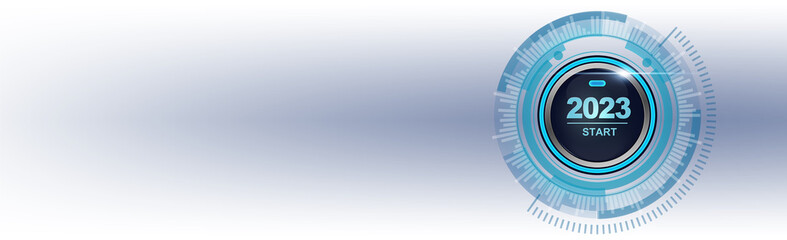 Start 2023. Happy New Year button. 3D illustration