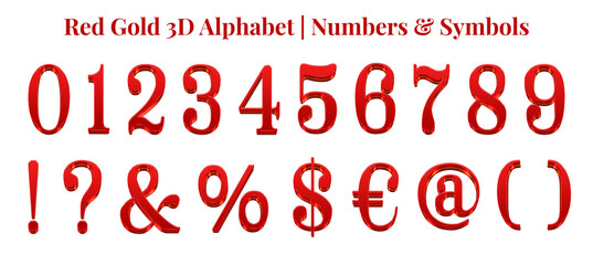Red gold 3D alphabet set, includes font or letters in uppercase and lowercase, numbers, punctuation marks, symbols, and frames.
