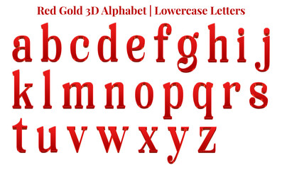 Red gold 3D alphabet set, includes font or letters in uppercase and lowercase, numbers, punctuation marks, symbols, and frames.
