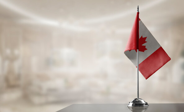 A small Canada flag on an abstract blurry background