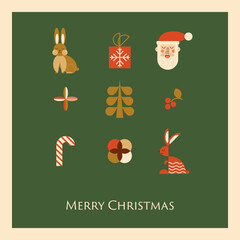 Geometric Christmas poster from simple geometric icons - Santa, rabbit, Christmas tree, gift, candy cane, holly berry. Red, green and gold geometric background. Winter holiday vector illustration