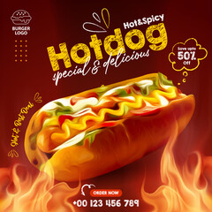 Delicious hot dog with BBQ grill fire, Social media templates for promotions on the Food menu - 555841944