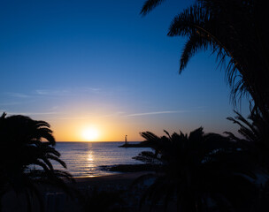 Landscape ocean view of beautiful sunrise at Lanzarote beach Playa de las Cucharas. Palms silhouette. Colorful blue sky copy space, design. Costa Teguise, popular destination in Canary Islands, Spain.