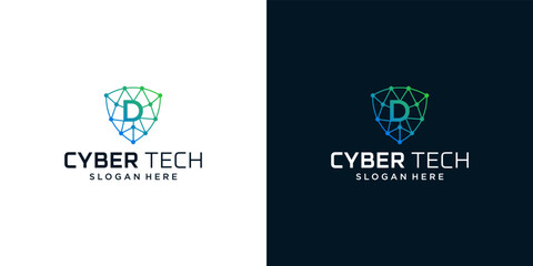 Cyber tech logo design template with initial letter D graphic design vector illustration. Symbol for tech, security, internet, system, Artificial Intelligence and computer.