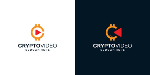 Coin crypto logo design template with play video button graphic design illustration. icon, symbol, creative.