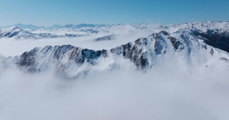 Aerial view of snow mountain range above the clouds under blue sky at SiChuan China Jiajin Mount