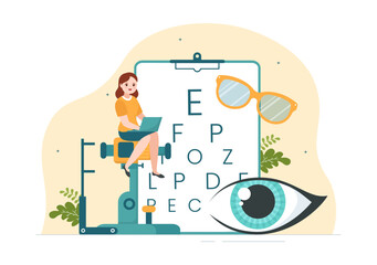 Optometrist with Ophthalmologist Checks Patient Sight, Optical Eye Test and Spectacles Technology in Flat Cartoon Hand Drawn Templates Illustration