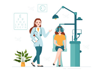 Optometrist with Ophthalmologist Checks Patient Sight, Optical Eye Test and Spectacles Technology in Flat Cartoon Hand Drawn Templates Illustration