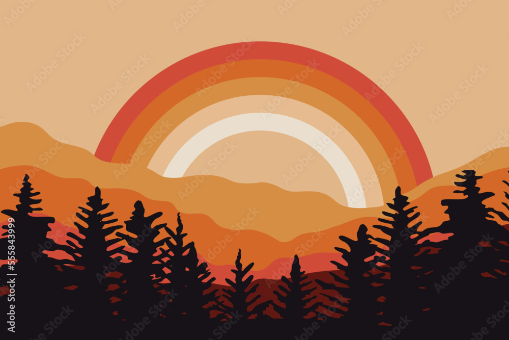 Aufkleber Vector illustration in simple line style - boho abstract print - simple natural landscape with mountains and hills