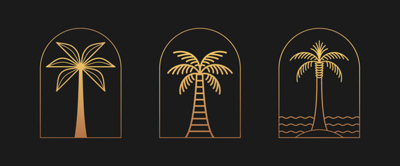 Fototapeta premium Vector logo design template with palm tree - abstract summer and vacation badge and emblem for holiday rentals, travel services, tropical spa and beauty studios