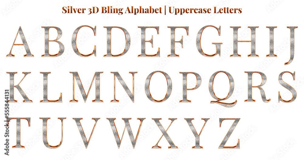 Fototapete silver 3d bling alphabet set, includes font or letters in uppercase and lowercase, numbers, punctuat