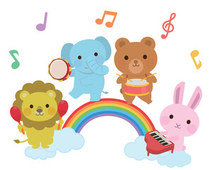 虹の上で色々な楽器を演奏する動物たち　演奏会　イラスト