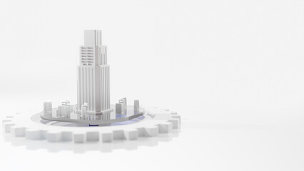 Fototapeta premium Minimal concept. Building on white cog gear on white background. community drive concept. 3D Render.