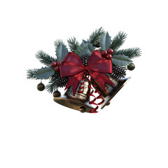 Christmas bells hanging with ribbon, berries, decoration as overlay for greeting and postcard making. 3d rendering-illustration.