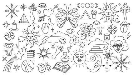 Magic background in retro style with hand drawn elements. Decorative mystical vector isolated pattern. editable stroke stickers. Esoteric element in minimalism. Collection of occult symbols tattoo art - obrazy, fototapety, plakaty